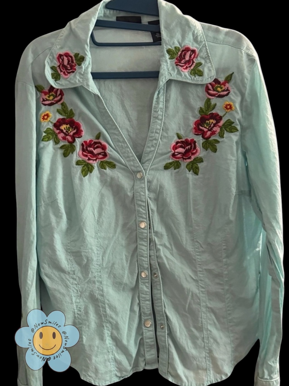 New York & Co ~ Button-Down Shirt ~Light Blue ~ Long Sleeves ~ Rose Embroidered